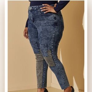 Ashley Stewart Blue Skinny Jeans with Patchwork with diamond studs